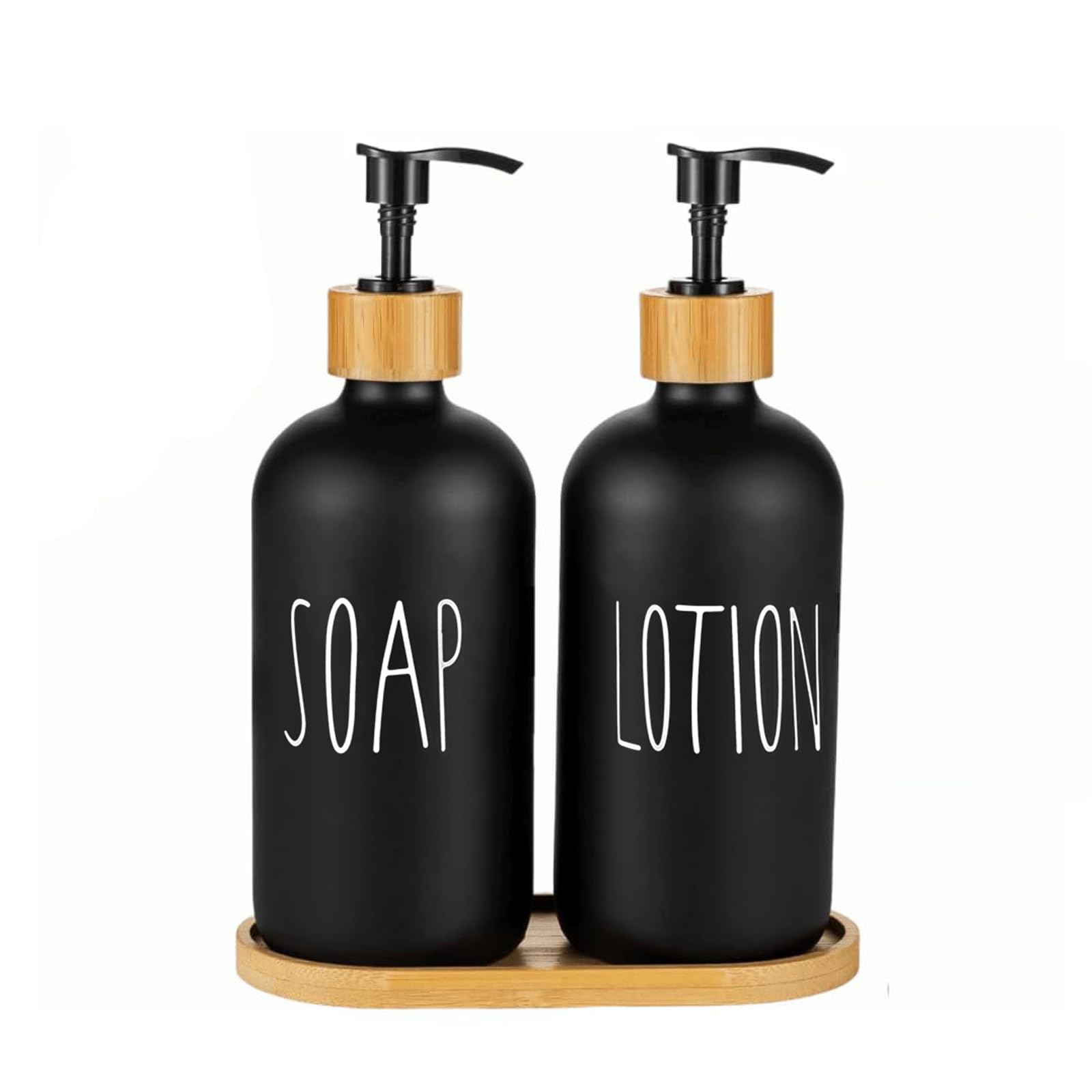 Hniuyun Sl Black Glass Soap Dispenser Set With Bamboo Pump & Tray, 16 Oz Refillable Liquid Dispenser For Bathroom, Countertop, Kitchen, Laundry Room (Sl Black)
