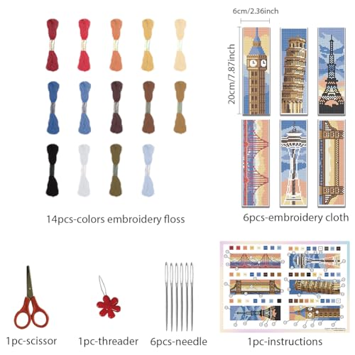 Image of FREEBLOSS 6 Set Cross Stitch Kits with Instructions - Famous Architecture Patterns - Punch Needle Kit for Beginners - Gift Bookmarks