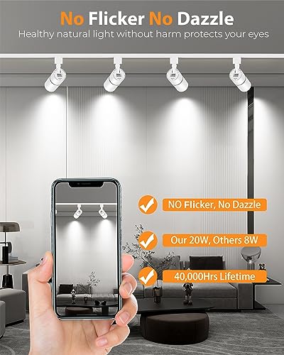 Image of VANoopee 3-Color Zoomable 20W LED Track Lighting Heads H Type Track Light Heads Dimmable Bright Ceiling Spotlight Fixtures for Kitchen, 3000K 4000K 5000K Adjustable, CRI90+ 15-60 2000lm White 6 Pack