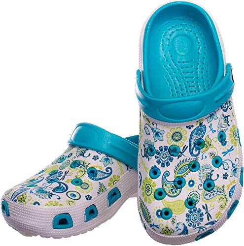 Brandsseller Sabots Femmes Chaussure de Jardin Pantoufle Plage Sandales Clogs Motif de Fleurs - Bleu/Blanc - 40 EU
