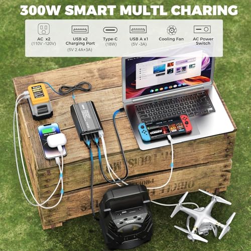 Image of Ecarke 300W Portable Power Inverter Compatible with DeWALT 20V Battery, DC 20V to AC 110V Power Station with 2 AC Outlets, 3 USB Ports & 1 Type-C 18W, for Camping RV Emergency Use (No Battery)(2-Pack)