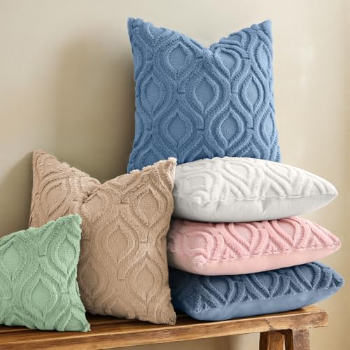 Image of decorUhome Fall Throw Pillow Covers 12x20 Inch Set of 2, Soft Plush Faux Wool Dusty Blue Solid Couch Pillow Covers, Accent Farmhouse Neutral Rectangle Pillow Cases for Sofa Bed Living Room