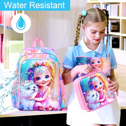 Image of 3Pcs Dog Backpack for Girls, 16 inch Kids Backpacks with Lunch Box, School Bookbag for Elementary Preschool Kindergarten (Pink)