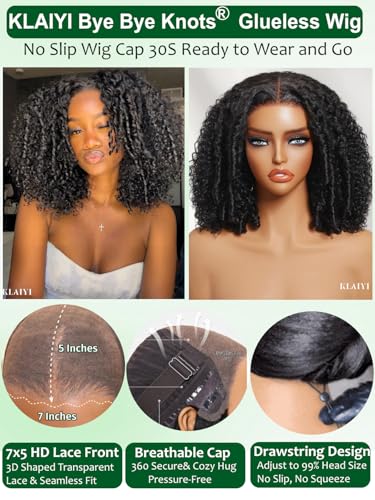 Image of KLAIYI Bye Bye Slip Afro Kinky Curly Precut 7x5Lace Front Wigs Human Hair Glueless Pre Plucked Bleached Knots Drawstring Bouncy Curls Ready to Wear and Go Wig with Finger Coil Ends 180%Density 18Inch