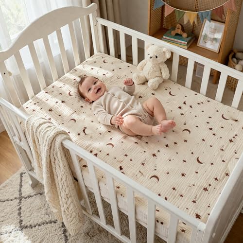 Image of TADO MUSLIN Baby Crib Sheets 2 PCS, 100% Organic Cotton Crib Sheet for Standard Crib Mattress(52 inchx 28 inch), Fitted and Soft Breathable Muslin Crib Mattress Sheet for Girl and Boy (Star, Brown)