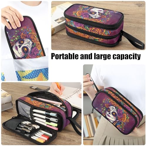 Image of Fustylead Day Of The Dead Catrina with Roses Pencil Pen Case Stationery Bag 3 Compartments School College Office Organizer Cosmetics Bag