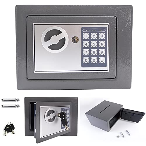 4,6 l Kleiner Elektronischer Tresor mit Schlüsseltresor, 23 x 17 x 17 cm Minitresor Stahltresor, Tresor Möbeltresor mit Zwei Schlüsseln für Geld Schmuck Wertsachen, Grau