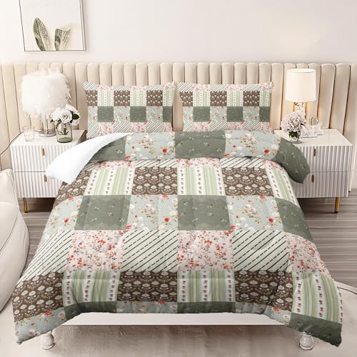 Image of AILONEN Green Brown Patchwork Comforter Set Full Size, Plaid Floral Striped Bedding with 2 Pillowcases for Girls Women 3Pcs