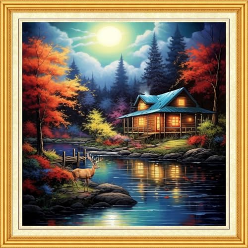 Image of DMCVIVR Stamped Cross Stitch Kits for Beginners Adults Needlepoint Kits for Beginners Embroidery Kits for Adults Crossstitch Kit for Beginners 11CT-Magic Night Scene 18x18 inch, ArtKits12