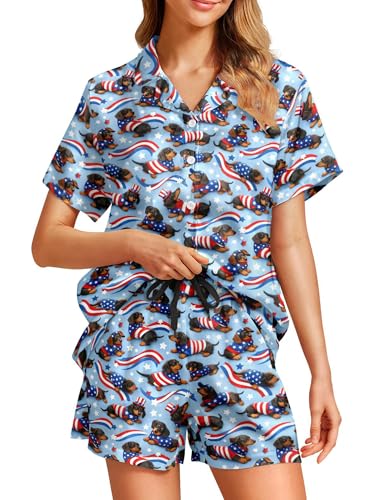 Image of Women's Pajama Sets Funny Pajamas for Women Set Comfortable 2 Piece Button Down Tops & Shorts Sleepwear Short Sleeve