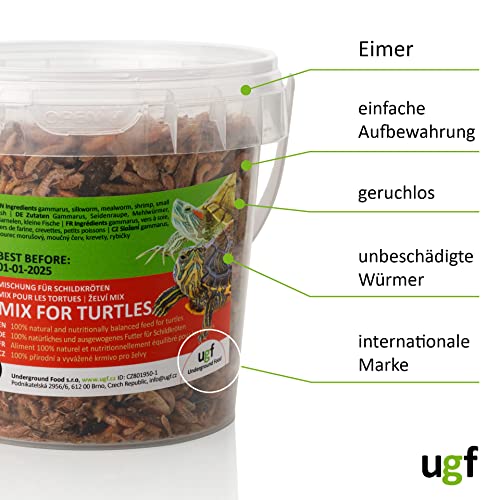 UGF - Universal Schildkröten Futter Mix - 90g im 500 Milliliter Eimer, Ausgewogenes Schildkrötenfutter, Gammarus, Seidenraupen, Mehlwürmer, Garnelen und getrockneter Fisch, Wasserschildkröten Futter