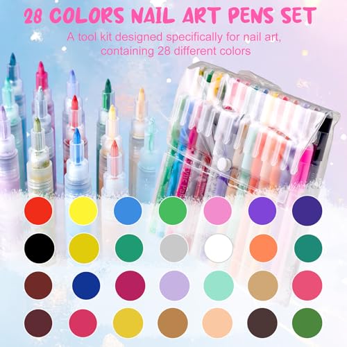Image of 28 Color Nail Art Pens for Painting Nails, 2026 0.7 MM Nail Polish Pens Set Drawing Point Liner Acrylic Painted Pen Kit, Waterproof Quick-drying Nail for DIY Design Manicure Tools