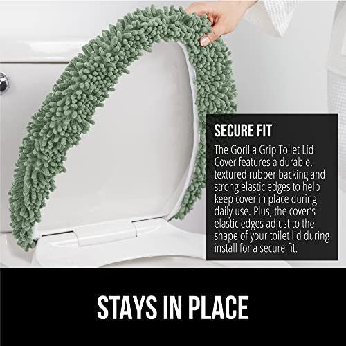 Image of Gorilla Grip Original Shag Chenille Bathroom Toilet Lid Cover, 19.5 x 18.5 Inches Large Size, Machine Washable, Ultra Soft Plush Fabric Covers, Fits Most Size Toilet Lids for Bathroom, Sage Green