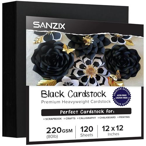 SANZIX 120 Sheets Black Cardstock 12x12 - Heavyweight 80 Lbs 220 GSM Black 12x12 Cardstock for Crafts | Laser & Inkjet Printer Compatible, Perfect for Halloween Decorations, Scrapbooking, Invitations