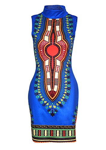 SheKiss Women Traditional African Print Dashiki Bodycon Sleeveless High Collar Dress Blue