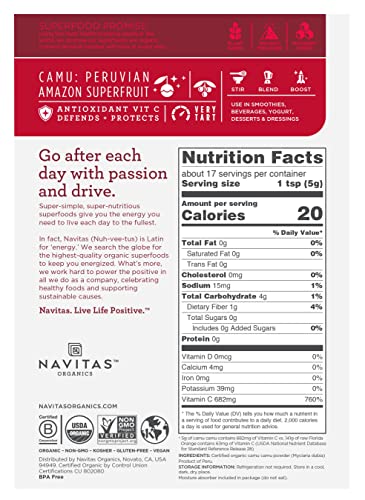 Navitas Organics Camu Camu Powder, 3 Oz. Bag, 17 Servings — Organic, Non-Gmo, Gluten-Free #TOP1