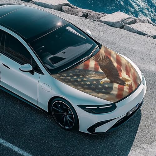Image of Car Hood Cover, Car Hood Wrap Blankets Eagle and American Flag Print Waterproof Stretchable Auto Exterior Accessories for Compact Sedans SUV Trucks Van (59x39 Inch)