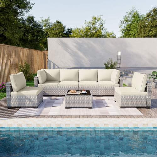 Image of Outdoor PE Wicker Rattan Modular Patio Sectional Sofa Set | 7-Piece: 6 Modular Seats & Coffee Table with Thick Cushions, Ivory