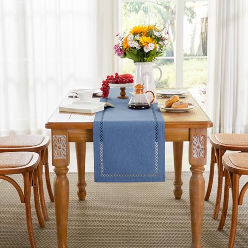 Aoztio Burlap Style Farmhouse Table Runner, 13 x 108 Inch Blue, Rustic Geometric Hollow Table Runners 108 Inches Long for Dresser Table Everyday Use, 13x108 Inches, Blue by Aoztio - Image 4