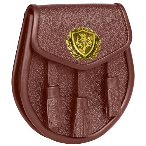 Image of DSS KILTS Scottish Original Leather Sporran with Leather Belt & Chain (Brown Leather Attique Thistle Badge Sporran)