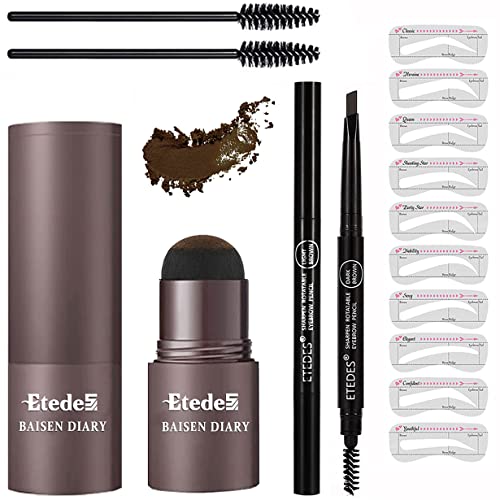 Eyebrow Stamp Powder,Eyebrow pencil, with Eyebrow Brushes, long Lasting Waterproof Buildable Eyebrow Stamp and Shaping Kit for Brow,with 10 Reusable Eyebrow Stencils 2 styles (Dark Brown)