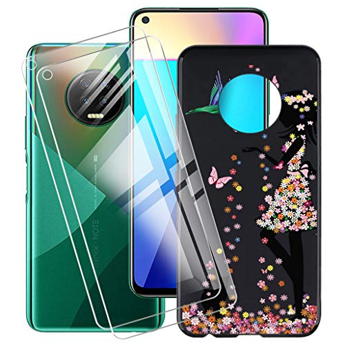 HHUAN Case Black + 2 Pack Tempered Glass Screen Protector for Infinix Note 7 (6.95"), Flexible TPU Shell Silicone Gel Protective Case Bumper Cover - Girl