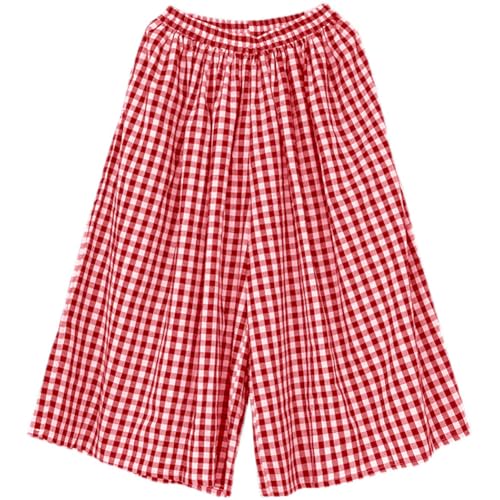 Image of chouyatou Women's Cotton Linen Pants Elastic Waist Plaid Gingham Wide Leg Capri Palazzo Pants