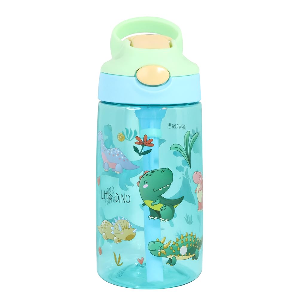 iZEL Kids 480ml Tritan Kids Water Bottle Sports Water Bottle with Flip Straw BPA Free LeakProof Water Bottle for School Travel Adventure Summer Camp and Sports, for Girls and Boys (Blue Dino)