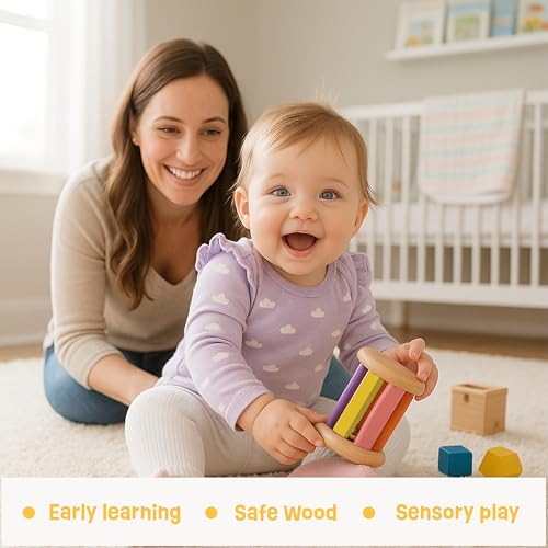 Image of Babbles Wooden Rolling Rattle for Babies 0-6 Months, 6-12 Months, Baby Rattle Toys for Sensory Play, Crawling Toy, Gift for New Born Baby Boy Girl (Rolling Rattle)