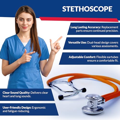 Image of Blood Pressure Monitor and Sprague Stethoscope Kit - 2-Pack, Adult Aneroid Sphygmomanometer with Dual-Head Stethoscope, Adjustable BP Cuff, Carrying Case & Accessories - Orange