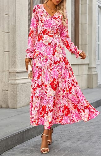 BTFBM Women Fall Dresses 2025 Casual Long Sleeve V Neck Maxi Dresses Floral Boho Long Dress Wedding Guest Dress