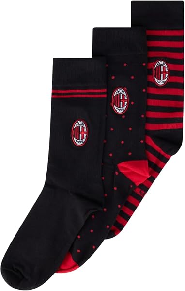 A.C. Milan Chaussettes pour Adultes, Enfants et Adolescents, Chaussettes Longues, Produit Officiel, Noir/Rouge, 39-42, 3 Paires