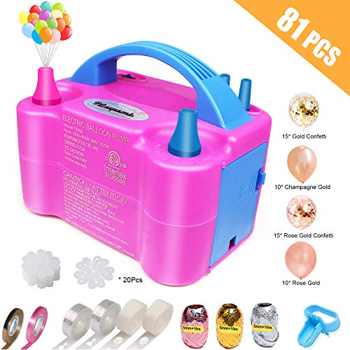 Electric Balloon Pump, Portable Dual Nozzle Blower Pump/Inflator, ETL Approved, with Balloons, Tying Tool, Flower Clips, Tape Strip, Colored Ribbon, Dot Glues for Party Decoration(Rose Red 110V 600W)