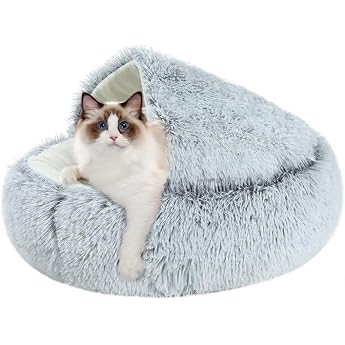 Fluffy Cat Bed Round Soft Plush Small Dogs and Cats Pet Bed Washable Non-Slip Dog Beds Long Plush Thickened Warm Dog Basket Sleeping Pillow Non-Slip Grey