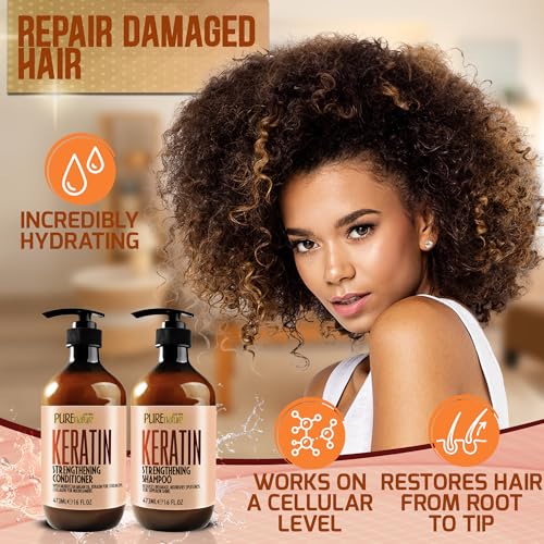 Image of Keratin Shampoo and Conditioner Set - Sulfate and Paraben Free Treatment for Dry Hair - Anti Frizz, Collagen Enriched Formula for Curly or Damaged Hair - Safe for Men and Women with Color Treated Hair