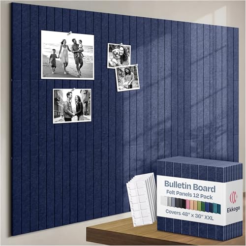 Image of X-Large Cork Board Alternative 12-Pack Felt Bulletin Board Thick and Decorative Pin Board for Home Office Walls 47.24 x 35.43 Inches with 72 Adhesive Tabs - [Denim Blue]