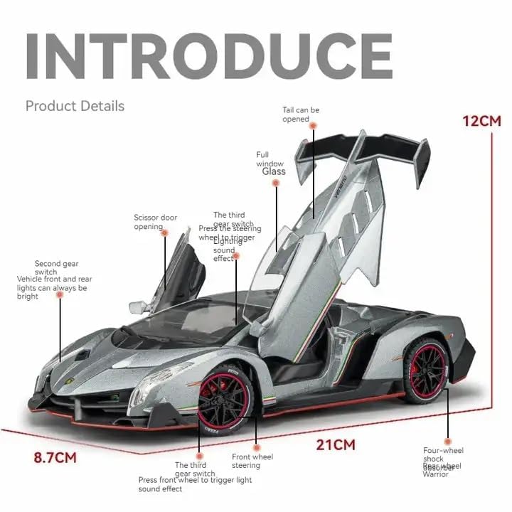 Image of Diecast Car for Lambo Veneno Model Car 1 /24 Scale Sports Toy Vehicle Door Can be Opened Toy Car Front Wheel Steerable (red)