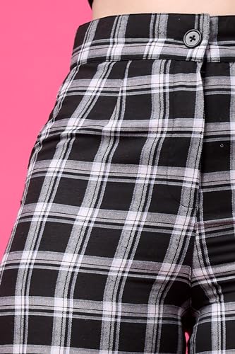 Image of POPWINGS Casual Check Print Button and Zip Closure Trouser for Women | Western Wide-Leg Trouser for Women | Summer Trousers for Women | Comfortable Semi-Formal Work Trouser for Women