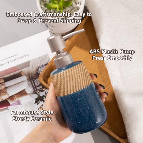 Image of Hand Soap Dispenser, Ceramic Liquid Soap Dispenser for Bathroom Countertop Dish Hand Soap Dispenser for Kitchen Sink, Bathroom Lotion Bottle Dispensers Boho Kitchen Home Decor,15 OZ Blue
