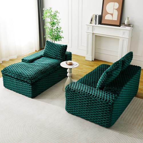 Image of KEIKI 96 inch L-Shape Modular Boneless Couch with Left Chaise for Living Room, Sectional Sofa Deep Seat Oversized Loveseat Convertible Sofa Bed for Apartment Furniture Lounge Relaxing Corner, Green
