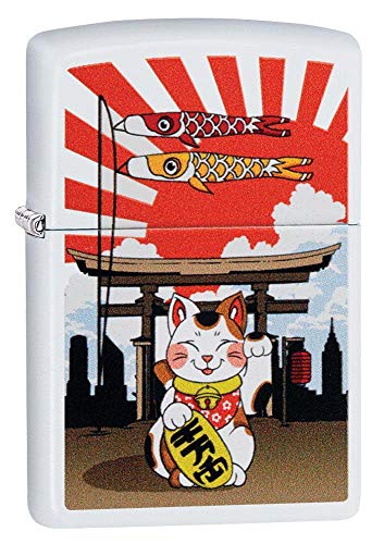 Zippo Lucky Cat Design Candy Apple Red Pocket Lighter, White Matte Lucky Cat, One Size