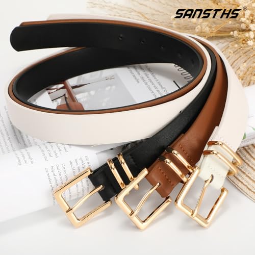 SANSTHS 3 PACK Women Leather Belts for Jeans Pants Dresses Fashion Ladies Waist Belt with Gold Square Buckle2