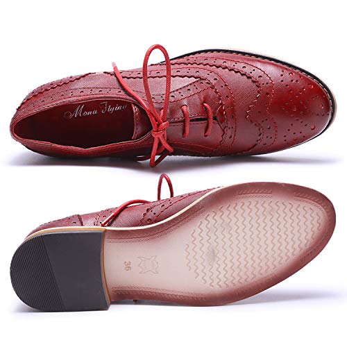 Mona flying Women's Leather Perforated Lace-up Oxfords Brogue Wingtip Derby Saddle Shoes for Girls Ladies Women - Image 4