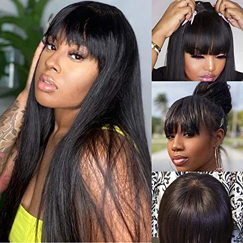Straight Human Hair Wigs with Bangs for Black Women Brazilian Unprocessed Virgin Straight Hair Wigs 150% Density None Lace Front Wigs Natural Color (20Inch, Machine Made Wigs)