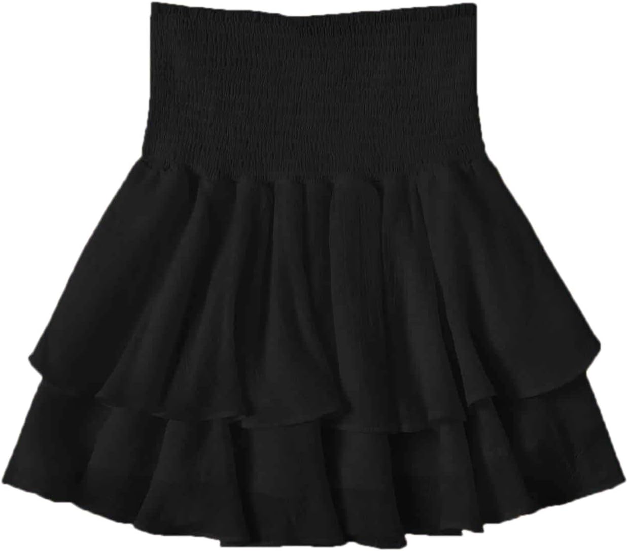 SheInWomen's Solid Shirred High Waist Layered Ruffle Hem Flared Mini Skirt
