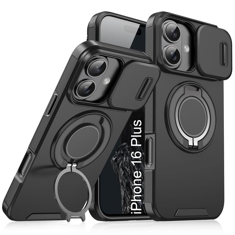 Image of LuxuryKase Shockproof Rugged Case for iPhone 16 Plus | Slide Camera Cover | 360 Rotating Ring Kickstand | Military-Grade Protection - Matte Black