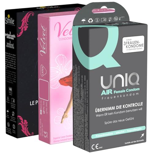 Kondomotheke® Ladies Mix - 3 Schachteln Frauenkondome - komfortabel, gefühlsecht & einfach in der Anwendung - aktive Verhütung für Frauen, 3 x 3 Stück