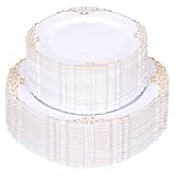 Sylans 100PCS Gold Plastic Plates set, Glided Disposable Party Plates with 50 10' Heavy Duty Dinner plates and...