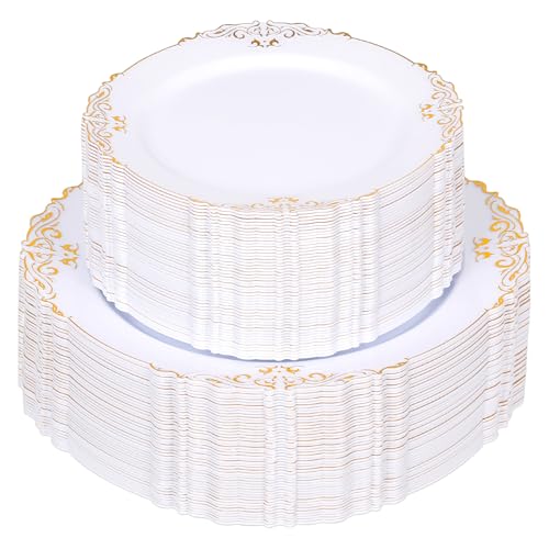 Sylans 100PCS Gold Plastic Plates set, Glided Disposable Party Plates with 50 10" Heavy Duty Dinner plates and 50 7.5" Elegant Fancy Dessert Plates for Party, Wedding & Birthday