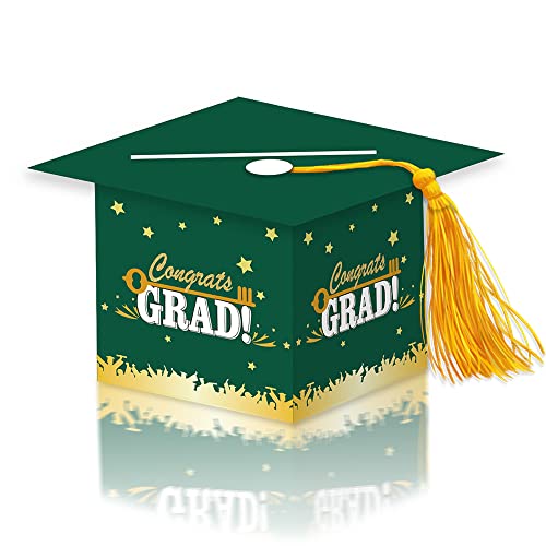 Image of 2026 Graduation Party Card Box, Green Gold Congrats Cap Card Holder Box with Tassel for 2026 Graduation Party Decoration